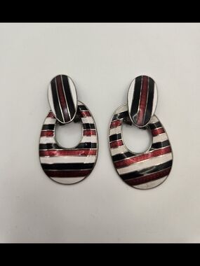REO Vintage Striped Red, Black White Drop Doorknocker Clip Enamel Earrings Retro